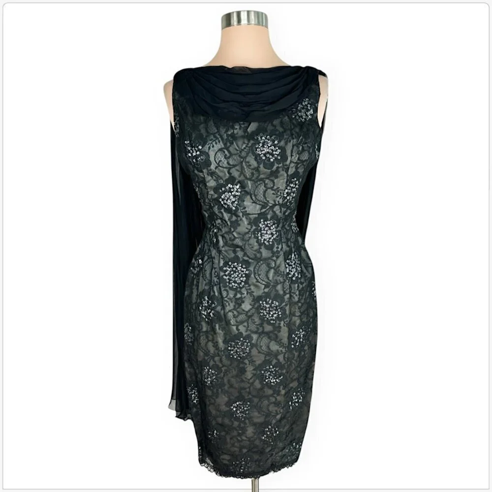 Vintage Black Lace Sequin Floral Draped Scarf Wiggle Sheath Dress Retro 36